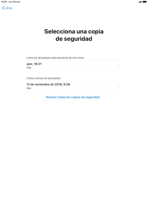Pulsa la copia de seguridad deseada y espera mientras la tablet restaura el contenido anterior de la copia de seguridad seleccionada. Sigue a continuación las indicaciones de la pantalla para configurar la tablet y dejarla lista para su uso.