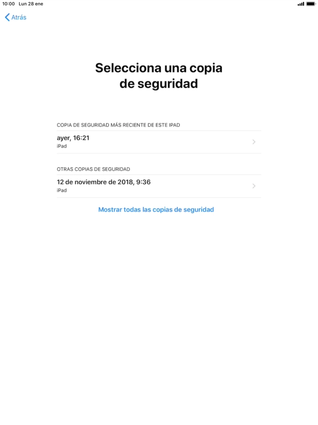 Pulsa la copia de seguridad deseada y espera mientras la tablet restaura el contenido anterior de la copia de seguridad seleccionada. Sigue a continuación las indicaciones de la pantalla para configurar la tablet y dejarla lista para su uso.
