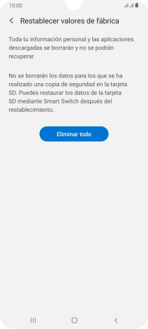 Pulsa Eliminar todo. Espera unos instantes mientras el teléfono restablece la configuración predeterminada. Sigue las indicaciones de la pantalla para configurar el teléfono y dejarlo listo para su uso.
