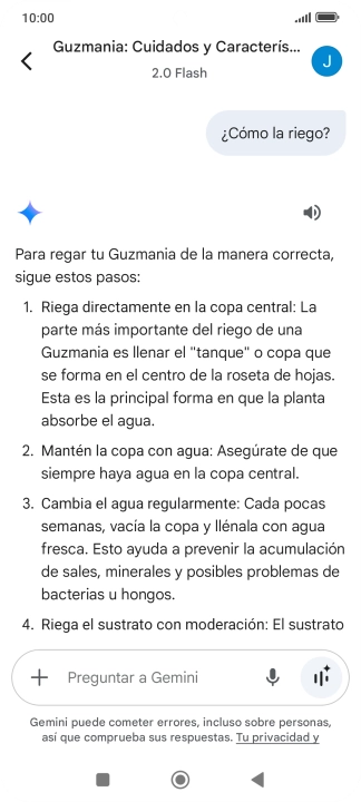 Sigue las indicaciones de la pantalla para escribir o decir en alto más preguntas y continuar la conversación. Sigue las indicaciones de la pantalla para escribir o decir en alto más preguntas y continuar la conversación.