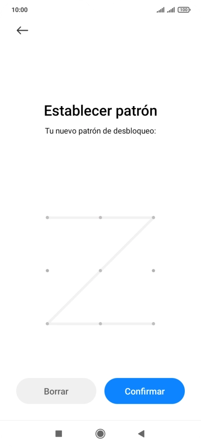 Desliza el dedo por la pantalla para unir por lo menos cuatro puntos y pulsa Confirmar. Desliza el dedo por la pantalla para unir por lo menos cuatro puntos y pulsa Confirmar.