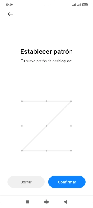 Desliza el dedo por la pantalla para unir por lo menos cuatro puntos y pulsa Confirmar. Desliza el dedo por la pantalla para unir por lo menos cuatro puntos y pulsa Confirmar.
