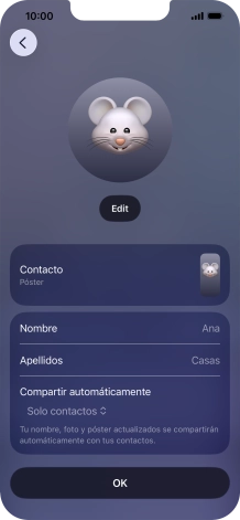 Pulsa los campos del nombre y sigue las indicaciones de la pantalla para editar el nombre del póster de contacto. Pulsa los campos del nombre y sigue las indicaciones de la pantalla para editar el nombre del póster de contacto.
