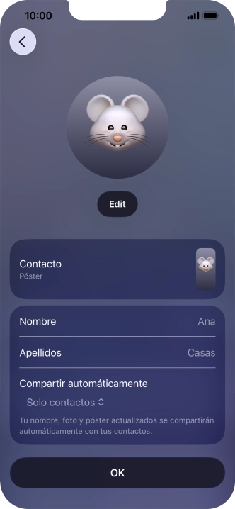 Pulsa los campos del nombre y sigue las indicaciones de la pantalla para editar el nombre del póster de contacto. Pulsa los campos del nombre y sigue las indicaciones de la pantalla para editar el nombre del póster de contacto.