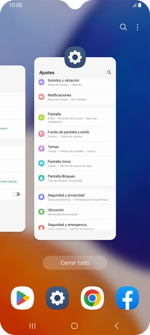 Para cerrar una sola aplicación en ejecución, desliza el dedo hacia arriba sobre la aplicación deseada. Para cerrar una sola aplicación en ejecución, desliza el dedo hacia arriba sobre la aplicación deseada.