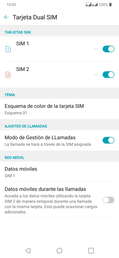 Pulsa el indicador junto a la tarjeta SIM deseada para activar o desactivar su uso. Pulsa el indicador junto a la tarjeta SIM deseada para activar o desactivar su uso.