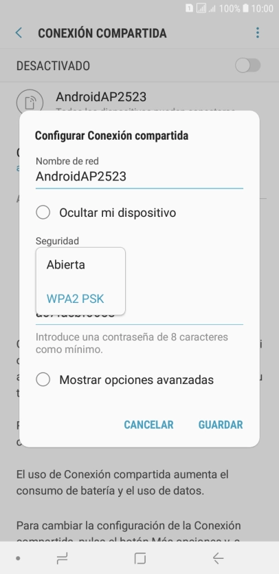 Pulsa WPA2 PSK para proteger la conexión wifi con una contraseña.