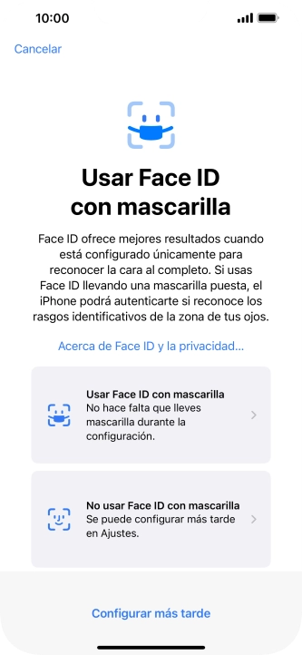 Pulsa Configurar más tarde. Si no has añadido anteriormente un código de seguridad, tendrás que introducir un código de libre elección dos veces consecutivas. Pulsa Configurar más tarde. Si no has añadido anteriormente un código de seguridad, tendrás que introducir un código de libre elección dos veces consecutivas.