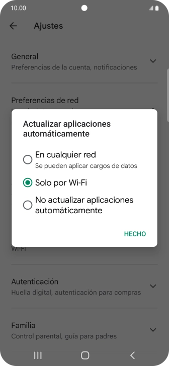Para activar la actualización automática de apps utilizando la red móvil, pulsa En cualquier red. Para activar la actualización automática de apps utilizando la red móvil, pulsa En cualquier red.