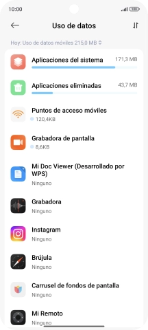 El consumo de datos por cada aplicación aparece bajo el nombre de la aplicación. El consumo de datos por cada aplicación aparece bajo el nombre de la aplicación.