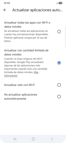 Para activar la actualización automática de apps utilizando la red móvil, pulsa Actualizar todas las apps con Wi-Fi o datos móviles. Para activar la actualización automática de apps utilizando la red móvil, pulsa Actualizar todas las apps con Wi-Fi o datos móviles.