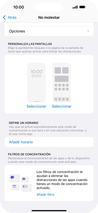 Pulsa Añadir horario y sigue las indicaciones de la pantalla para seleccionar los ajustes de la activación automática de No molestar.