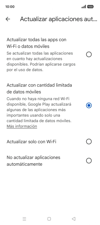 Para activar la actualización automática de apps utilizando la red móvil, pulsa Actualizar todas las apps con Wi-Fi o datos móviles. Para activar la actualización automática de apps utilizando la red móvil, pulsa Actualizar todas las apps con Wi-Fi o datos móviles.