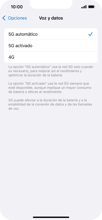 Si deseas activar el cambio automático entre una red 5G y 4G, pulsa 5G automático. Si deseas activar el cambio automático entre una red 5G y 4G, pulsa 5G automático.