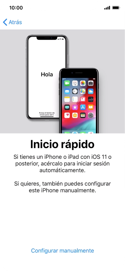 Sigue las indicaciones de la pantalla para transferir contenido de otro dispositivo iOS11 o pulsa Configurar manualmente. Sigue las indicaciones de la pantalla para transferir contenido de otro dispositivo iOS11 o pulsa Configurar manualmente.