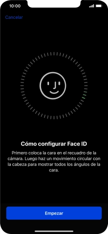 Pulsa Empezar y sigue las indicaciones de la pantalla para crear un código de seguridad con la función de reconocimiento facial (Face ID). Pulsa Empezar y sigue las indicaciones de la pantalla para crear un código de seguridad con la función de reconocimiento facial (Face ID).