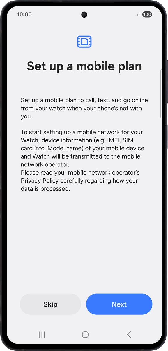 On your phone: Press Next and follow the instructions on the screen to set up mobile data.