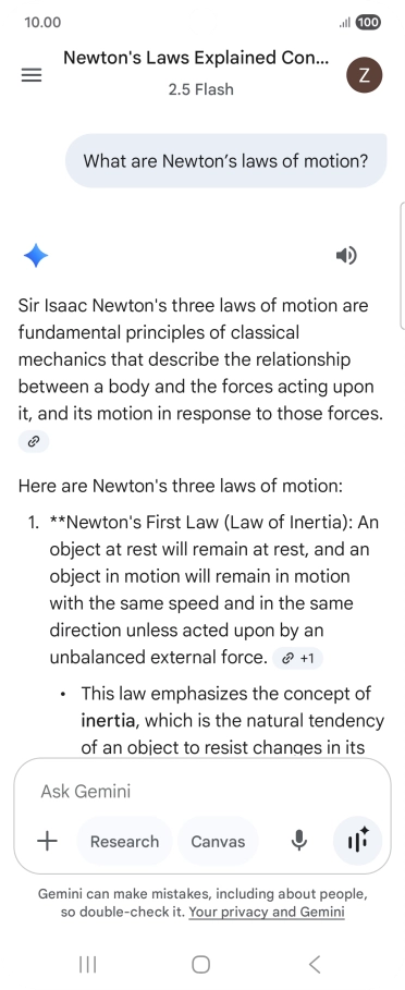 Transcription of the conversation with Gemini Live is now displayed.