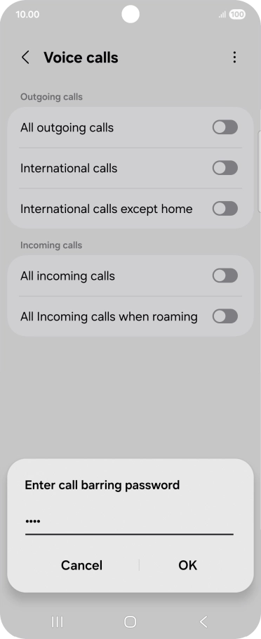 Key in your barring password and press OK. The default barring password is 0000.
