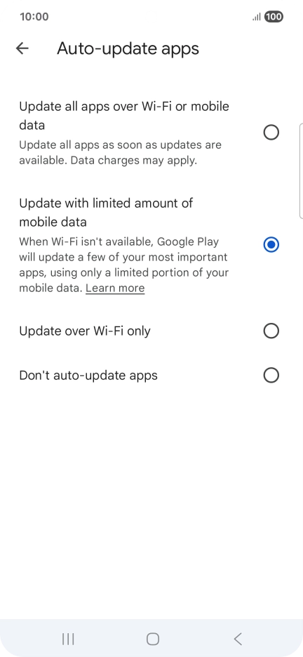 To turn on automatic update of apps using mobile network, press Update all apps over Wi-Fi or mobile data.