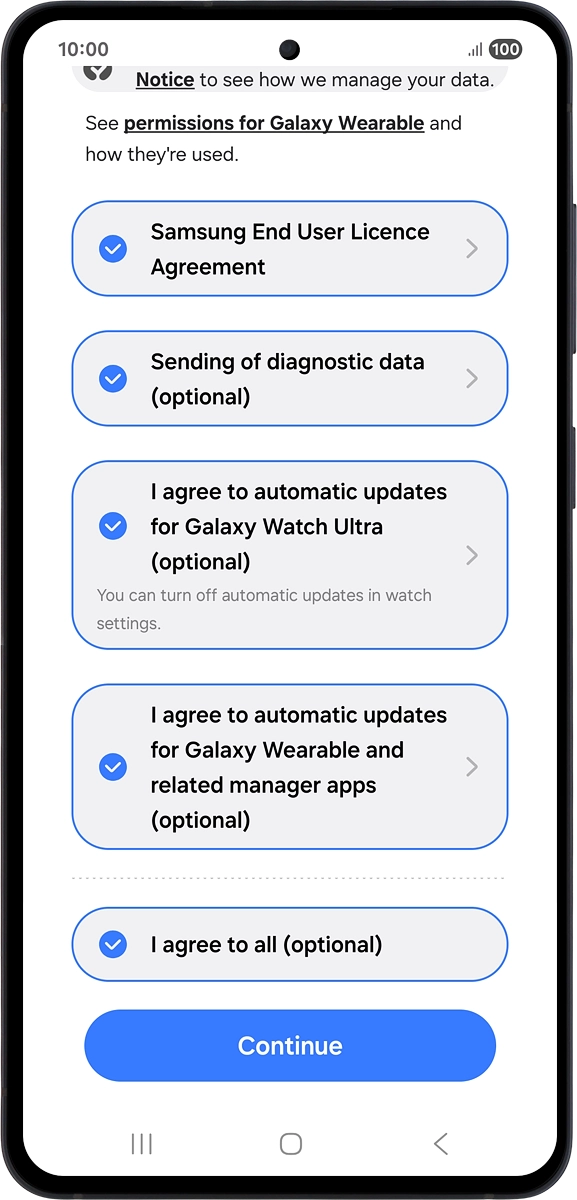 On your phone: Highlight the required settings and press Continue.