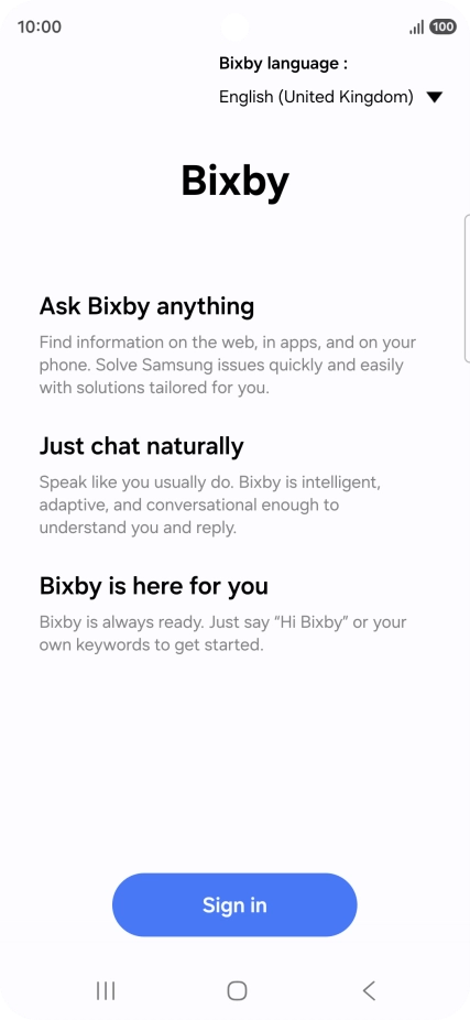 Press Sign in and follow the instructions on the screen to log on to your Samsung account.