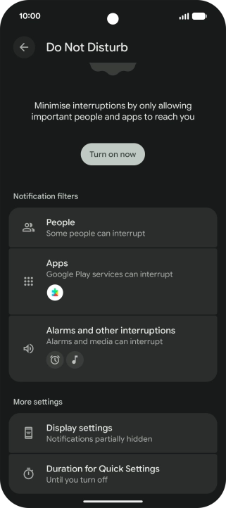 Press Turn on now to turn the function on or off.