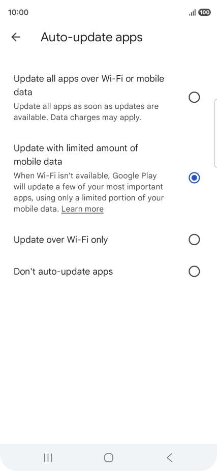 To turn on automatic update of apps using mobile network, press Update all apps over Wi-Fi or mobile data.