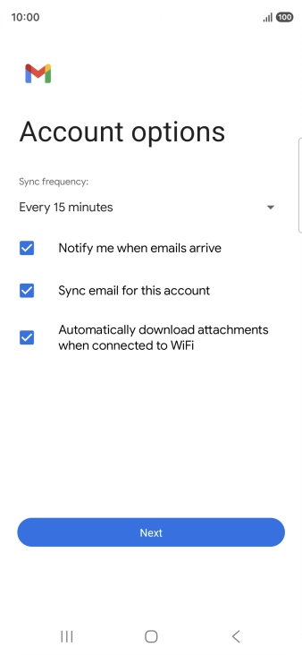 If this screen is displayed, you email account has been recognised and set up automatically. Follow the instructions on the screen to key in more information and finish setting up your phone.