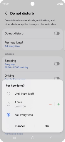 Press the required setting.