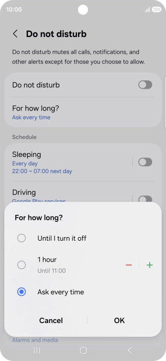 Press the required setting.