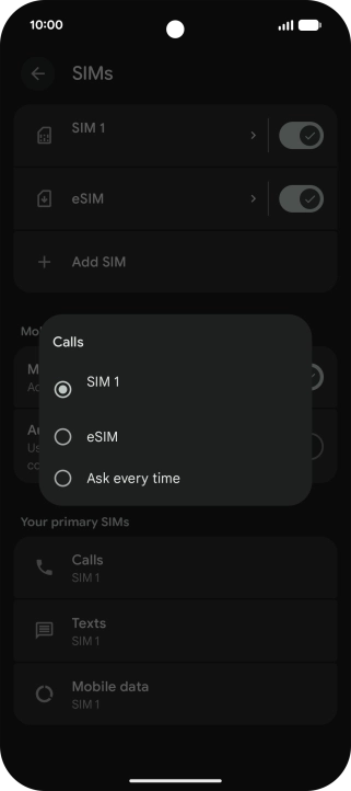 Press the required setting.
