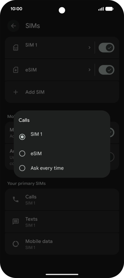 Press the required setting.