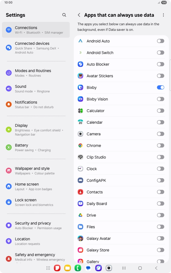 Press the indicators next to the required apps to turn the function on or off.