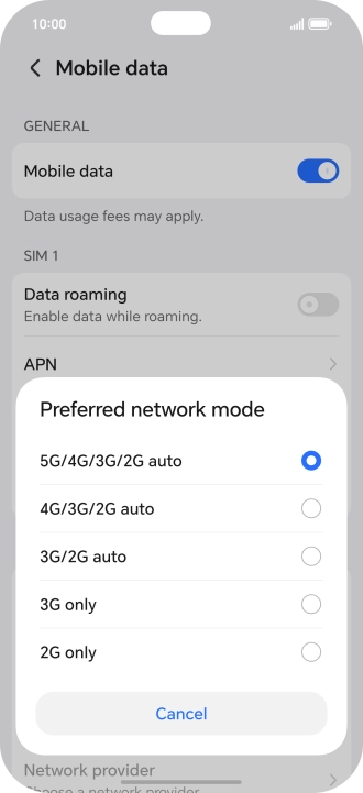Press the required network mode.