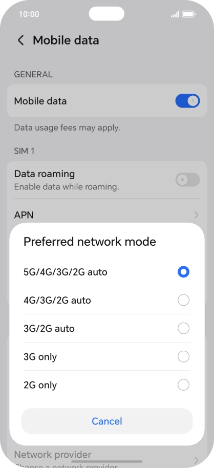 Press the required network mode.
