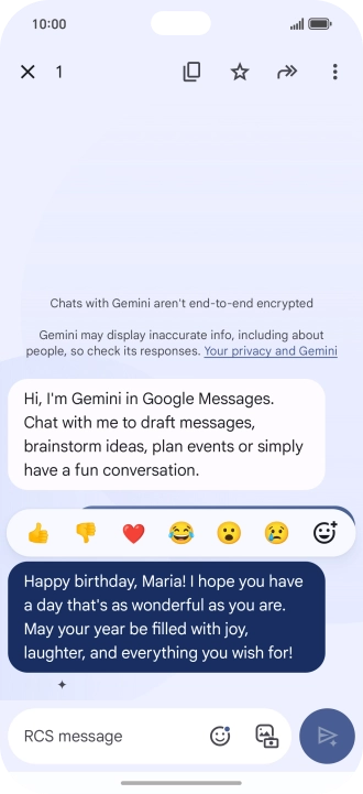 Press and hold the text suggestion from Gemini. Follow the instructions on the screen to use the text suggestion. Press and hold the text suggestion from Gemini. Follow the instructions on the screen to use the text suggestion.