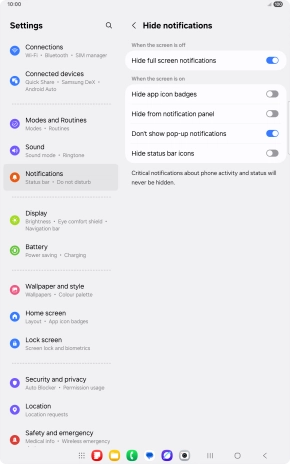 Press the indicators next to the required settings to turn display of the selected notification types on or off.