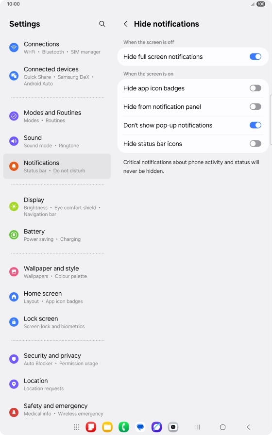 Press the indicators next to the required settings to turn display of the selected notification types on or off.