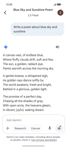 You can ask Gemini to generate a text based on your description. You can ask Gemini to generate a text based on your description.