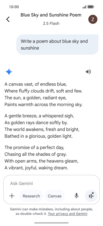You can ask Gemini to generate a text based on your description. You can ask Gemini to generate a text based on your description.