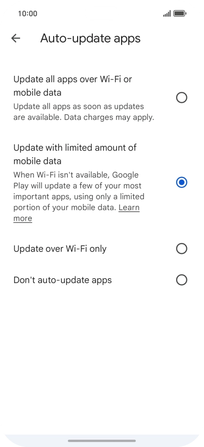 To turn on automatic update of apps using mobile network, press Update all apps over Wi-Fi or mobile data. To turn on automatic update of apps using mobile network, press Update all apps over Wi-Fi or mobile data.