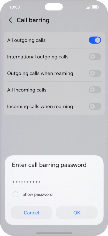 Key in your barring password and press OK. The default barring password is 1919.