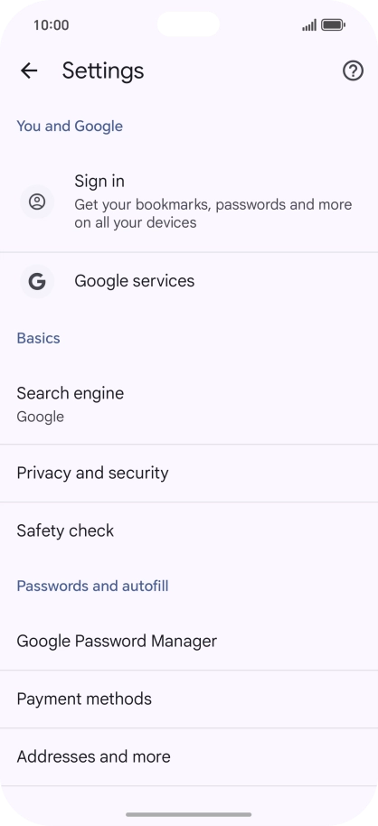 Press Privacy and security.