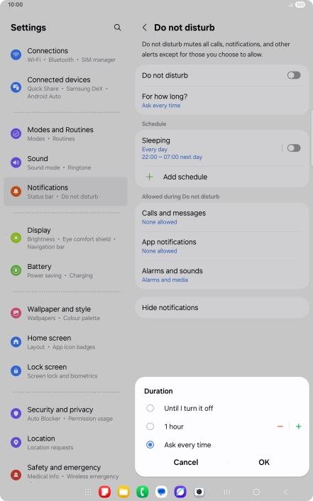 Press the required setting.