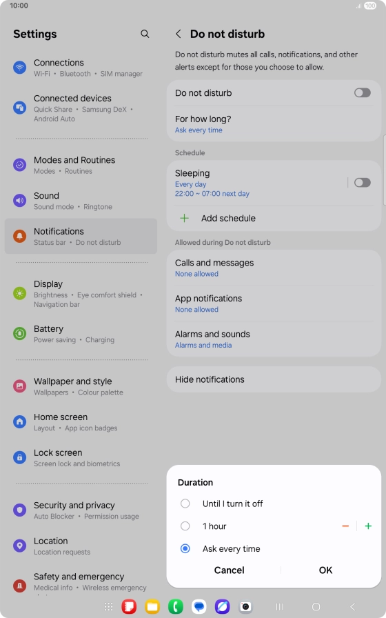 Press the required setting.