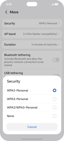 Press WPA3-Personal to password protect your Wi-Fi hotspot.