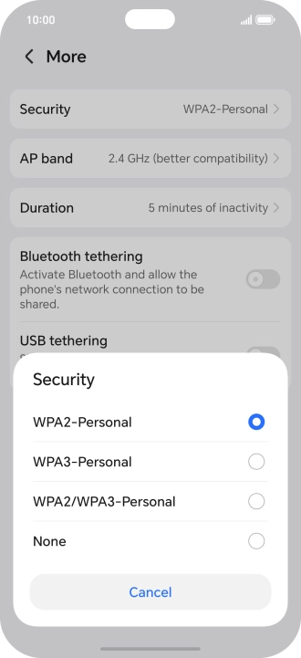 Press WPA3-Personal to password protect your Wi-Fi hotspot.