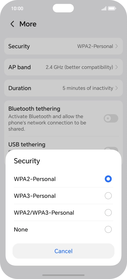 Press WPA3-Personal to password protect your Wi-Fi hotspot.