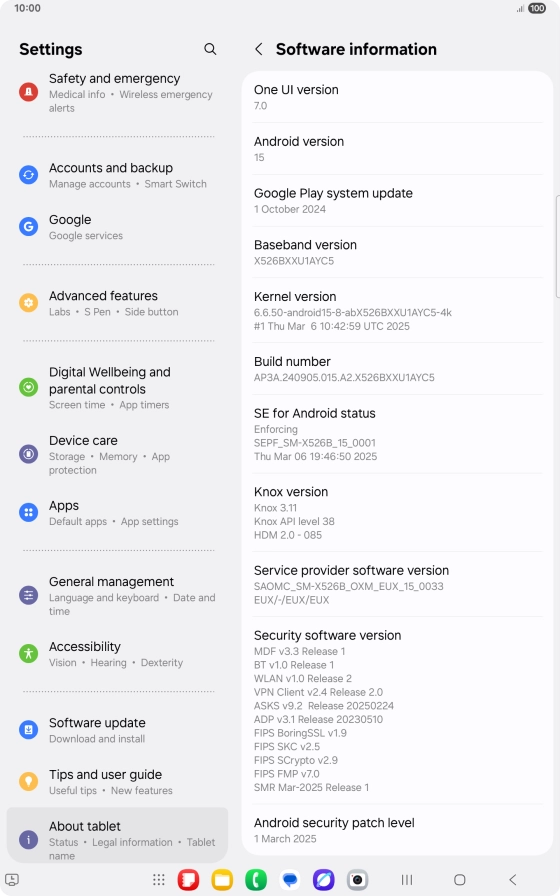 Your tablet's software version is displayed below Android version.